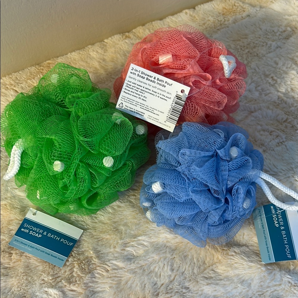 Set of 3 Brand New Shower and Bath Poufs with Built-In Soap